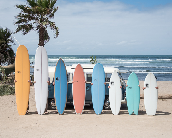 full line of surfboards from longboards to shortboards