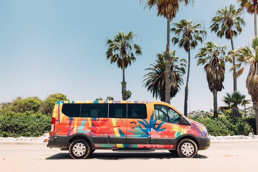 colorful escape campervan surrounded by palm trees