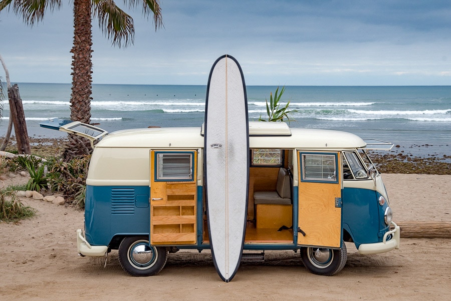 longboard surfboard vw bus san onofre