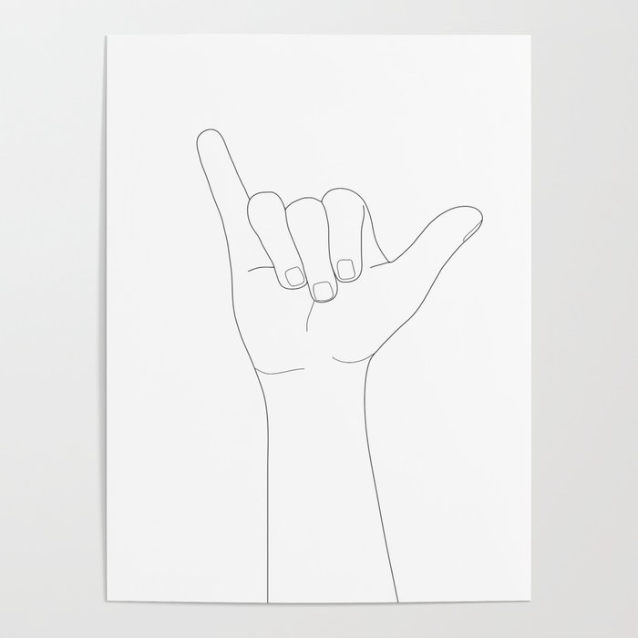 Surf Art Print - Line drawing of a hand making a shaka sign