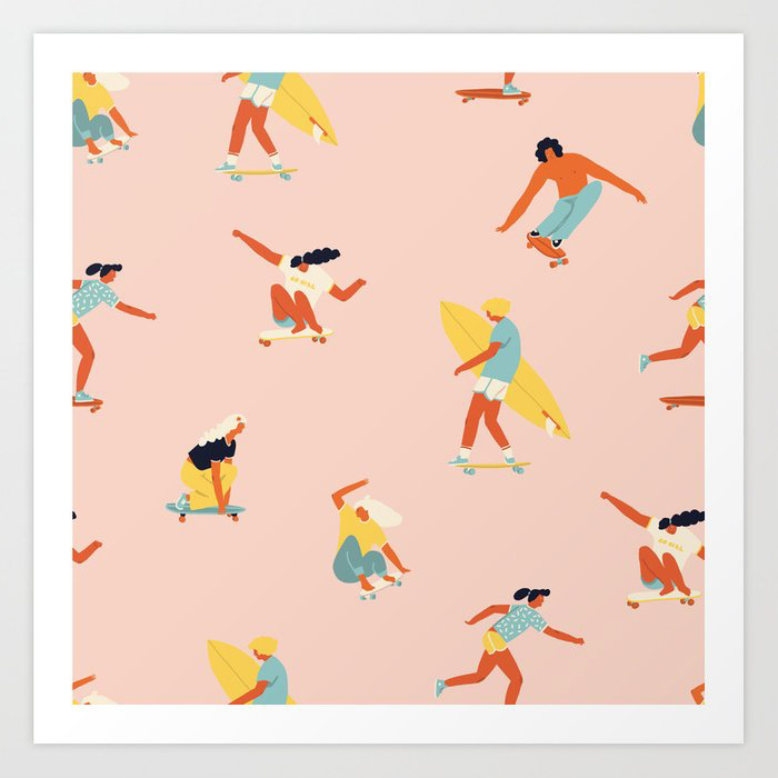 Surf Art Print with skateboarders and surfers