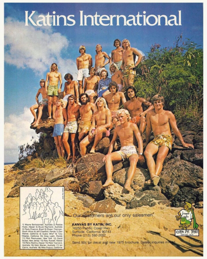 1975 ad for boardshorts by classic surf brand Katin