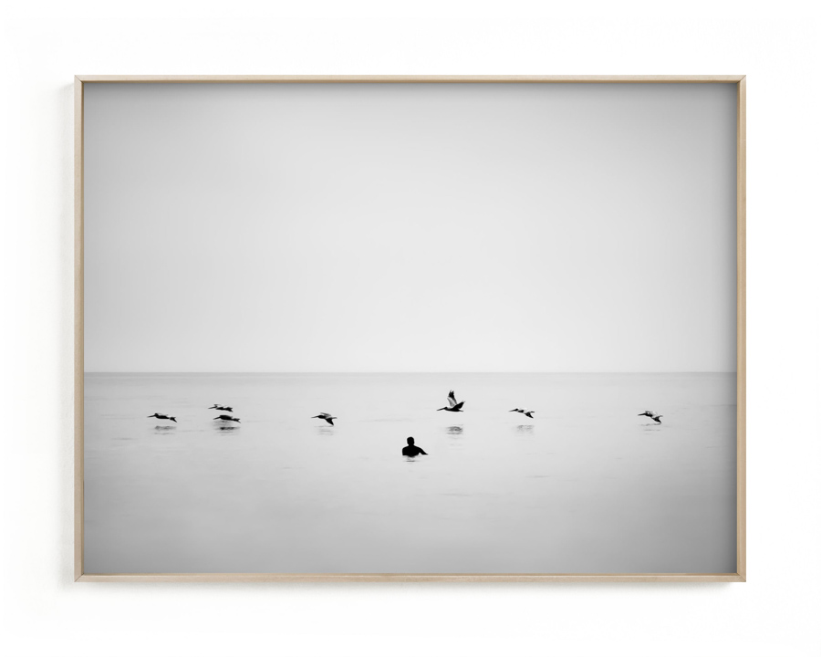 Surf photography print of surfer waiting for waves with birds flying by