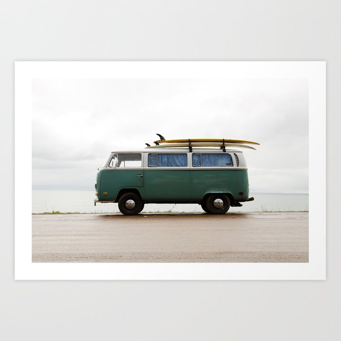 Surf photography print of VW bus with surfboards on the roof