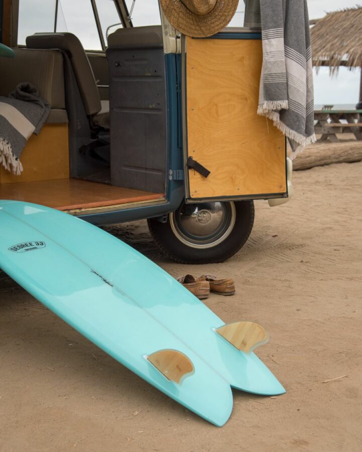 surfing retreat with twin fin surfboard