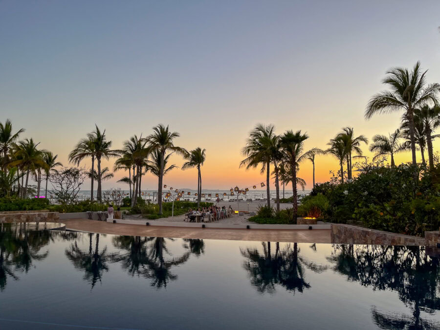 Susurros del Corazon Review / sunset view from the pool at luxury resort in Punta de Mita, Mexico