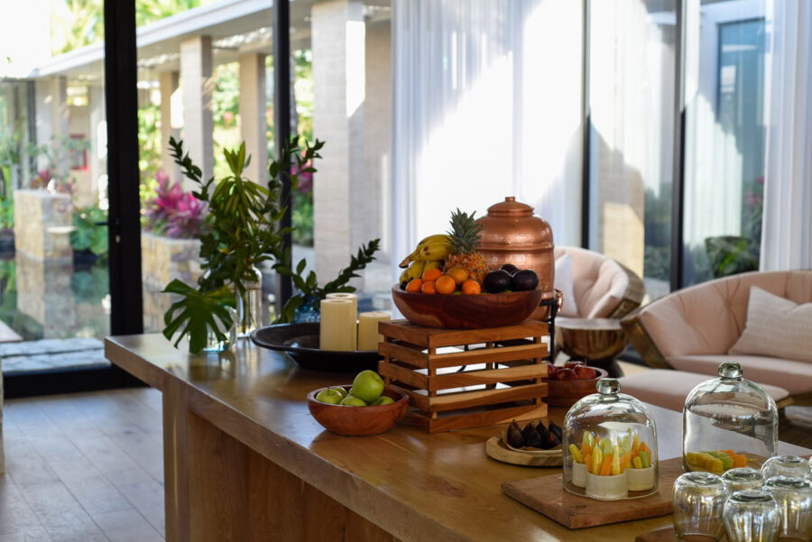 Susurros del Corazon Review / table setup with fruits at luxury resort in Punta de Mita, Mexico