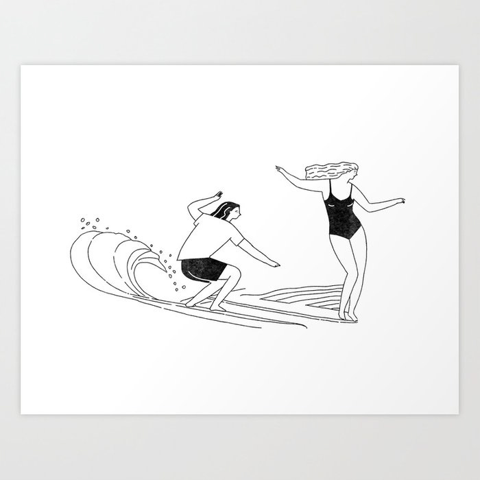 Art print of surfers surfing a wave together