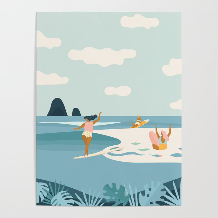 art print of surfer girls surfing waves